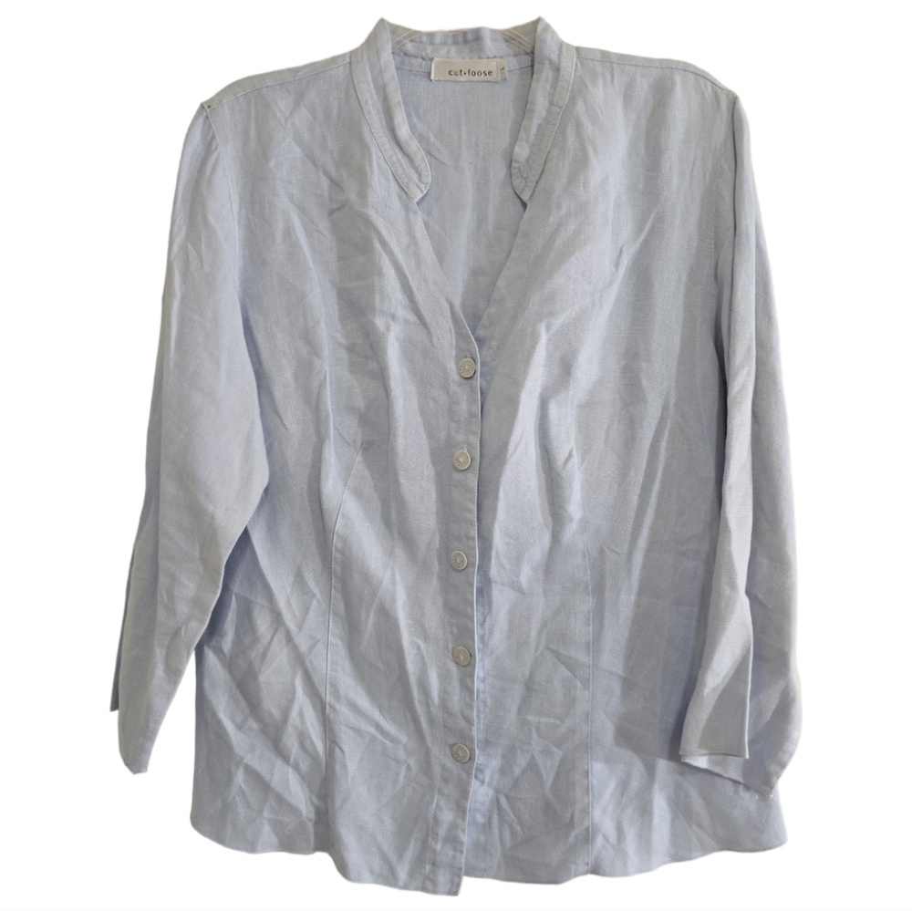 Cut loose Light Blue Linen V-neck Button Down Shirt Large